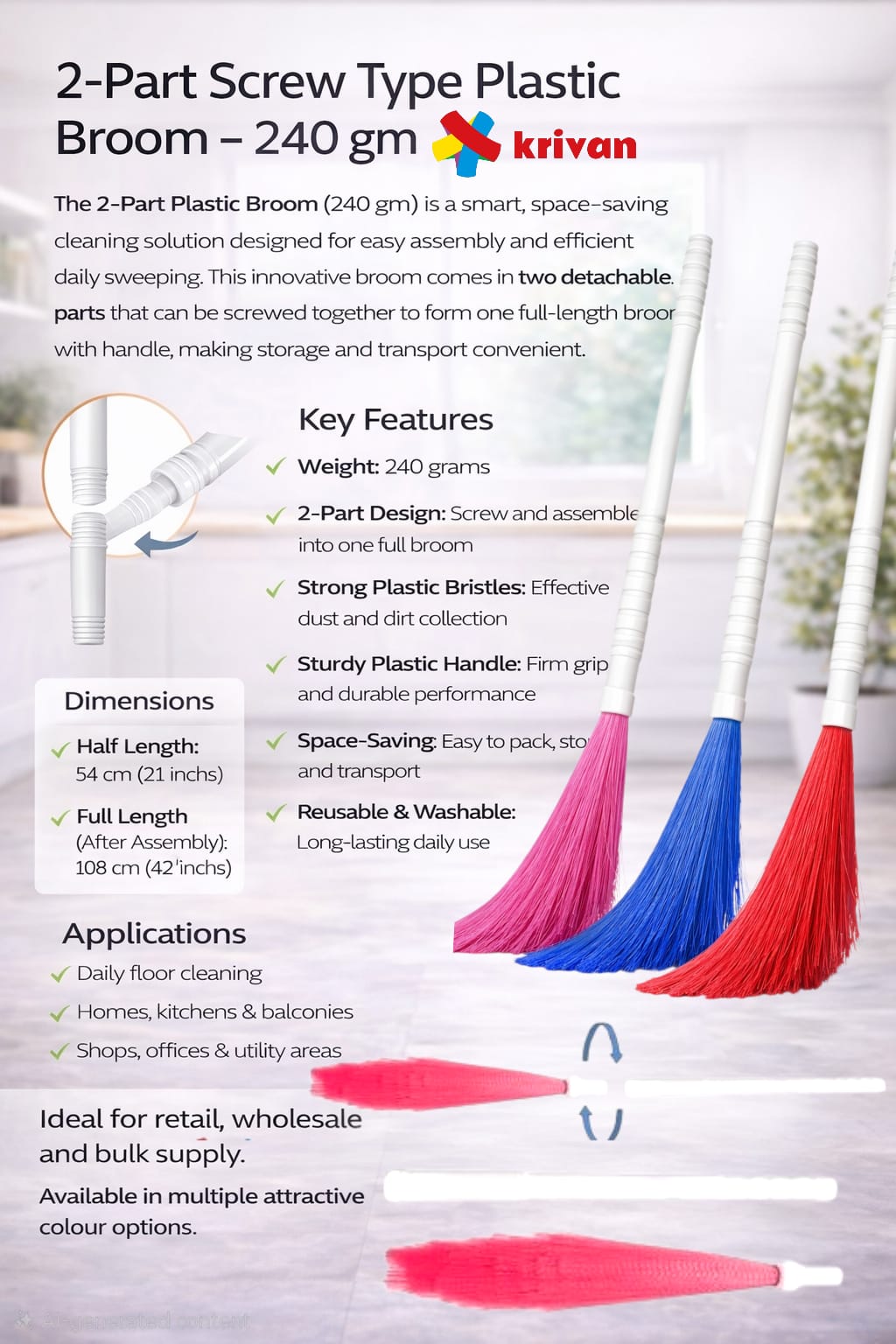 2-Part Screw Type Plastic Broom – 240 gm