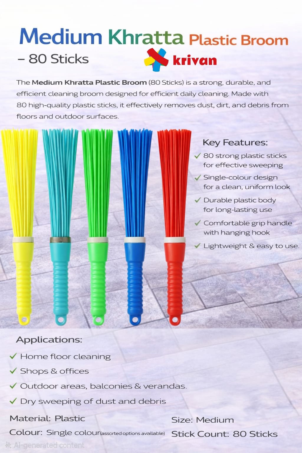 Medium Khratta Plastic Broom – 80 Sticks