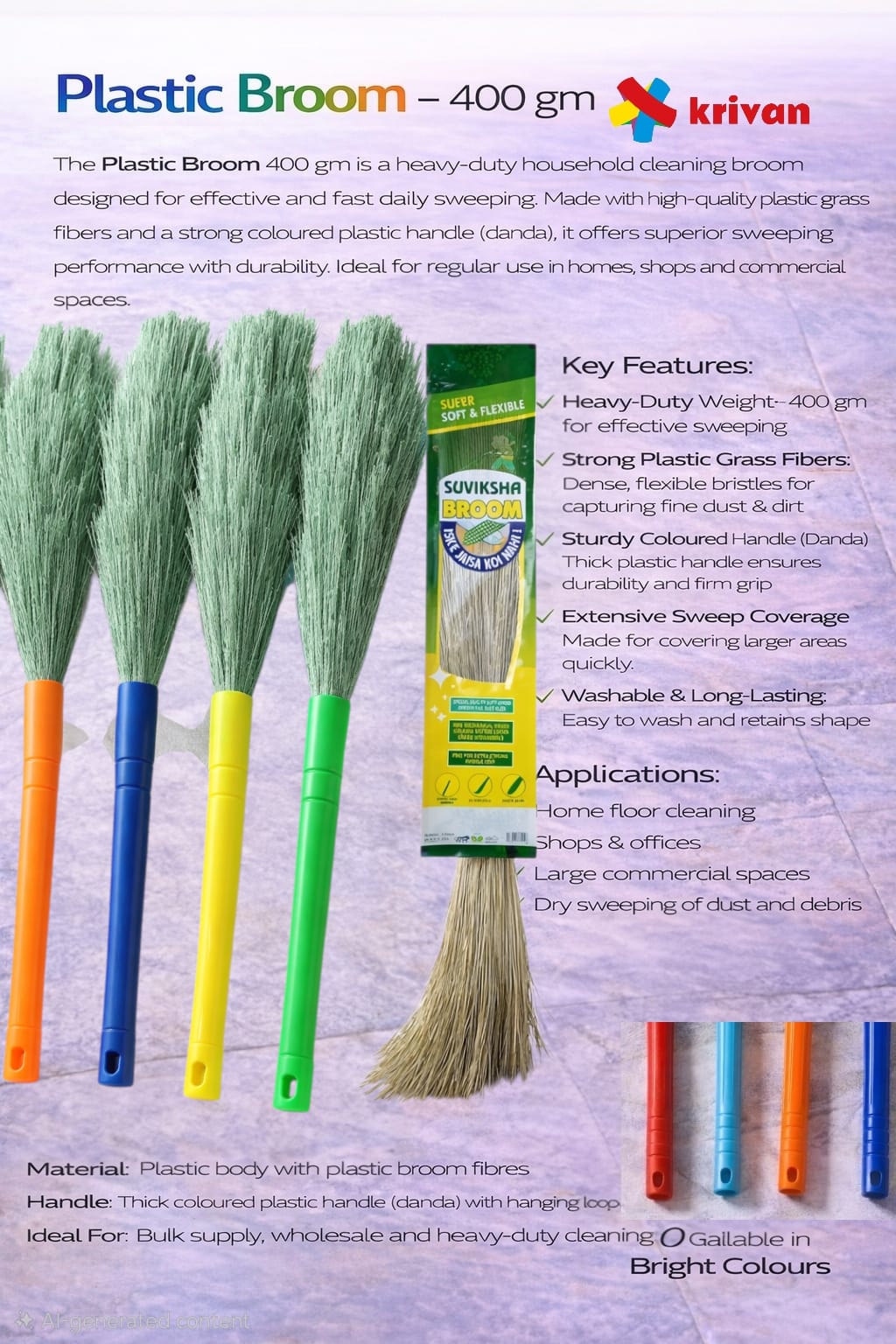 Plastic Broom – 400 gm (Coloured Danda)