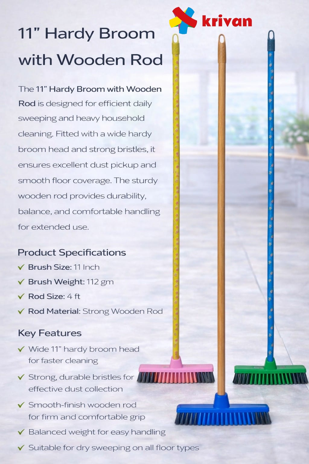 11" Hardy Broom with Wooden Rod
