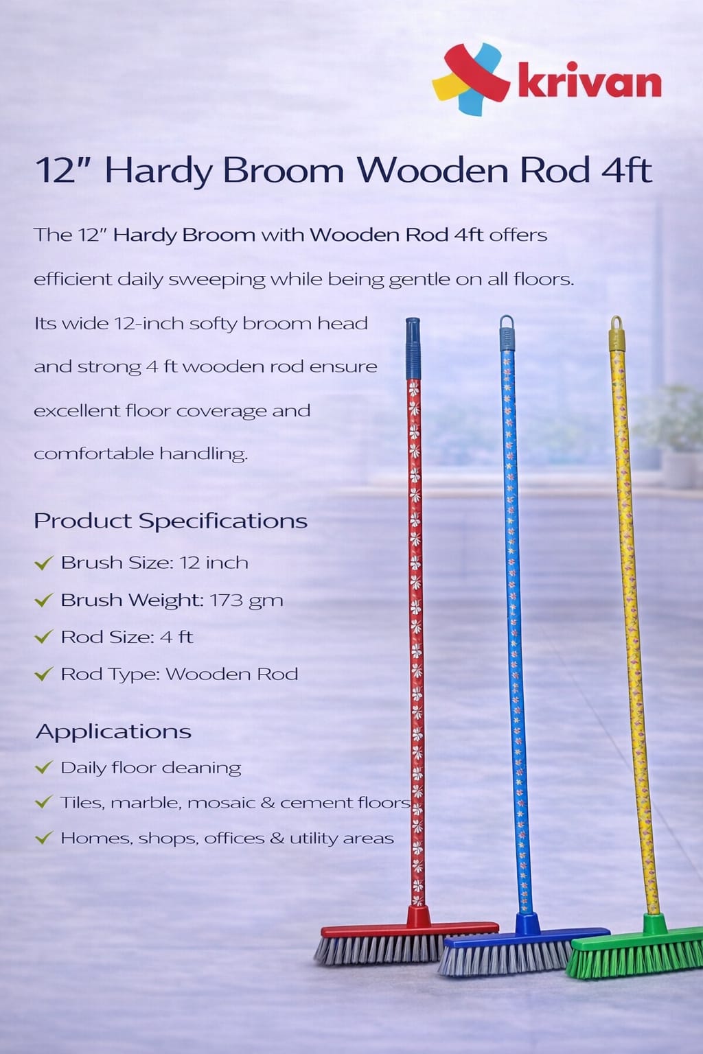 12" Hardy Broom with Wooden Rod