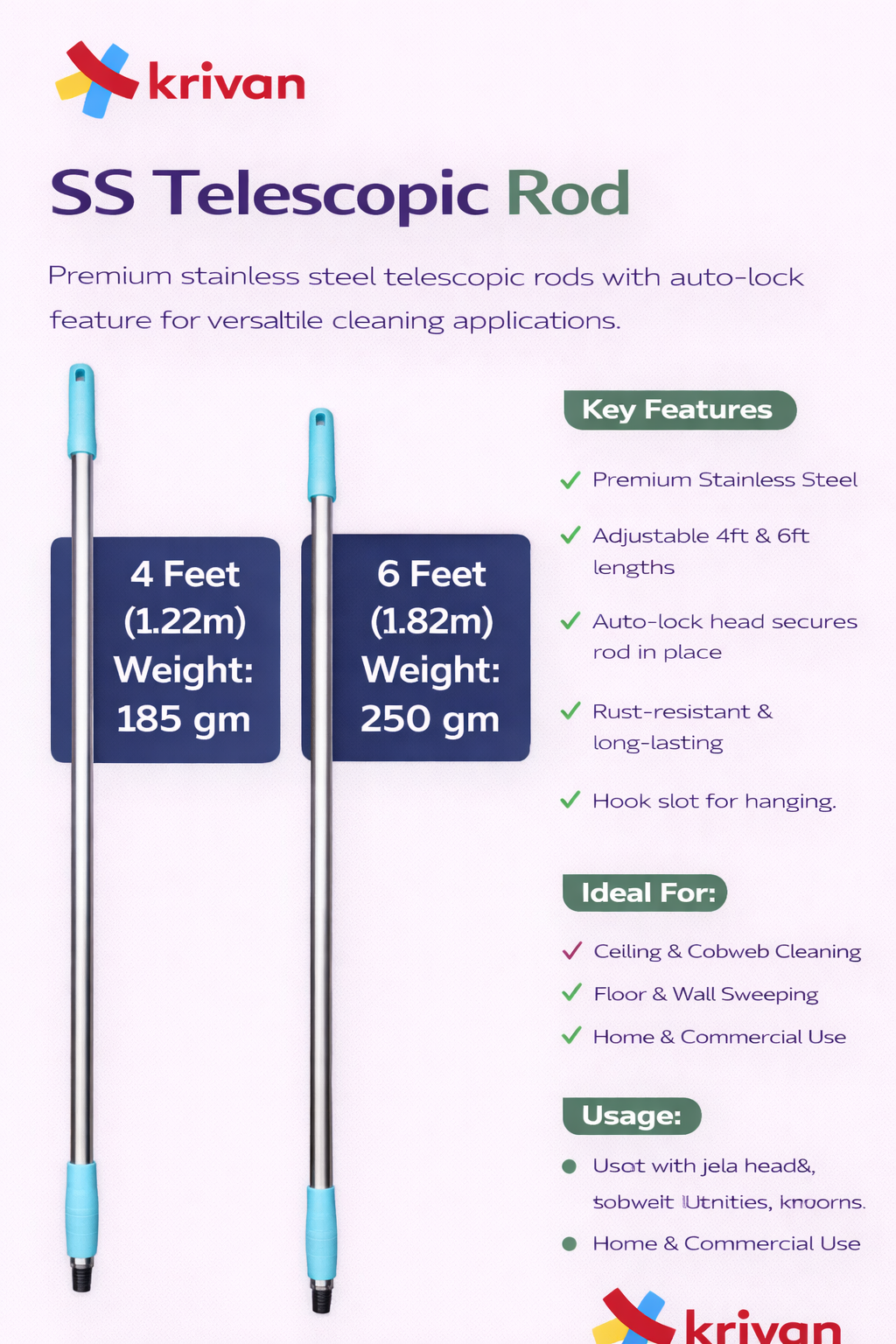 Krivan Stainless Steel Telescopic Rod for Jala heads, cobweb brushes, floor brushes, and other cleaning attachments.