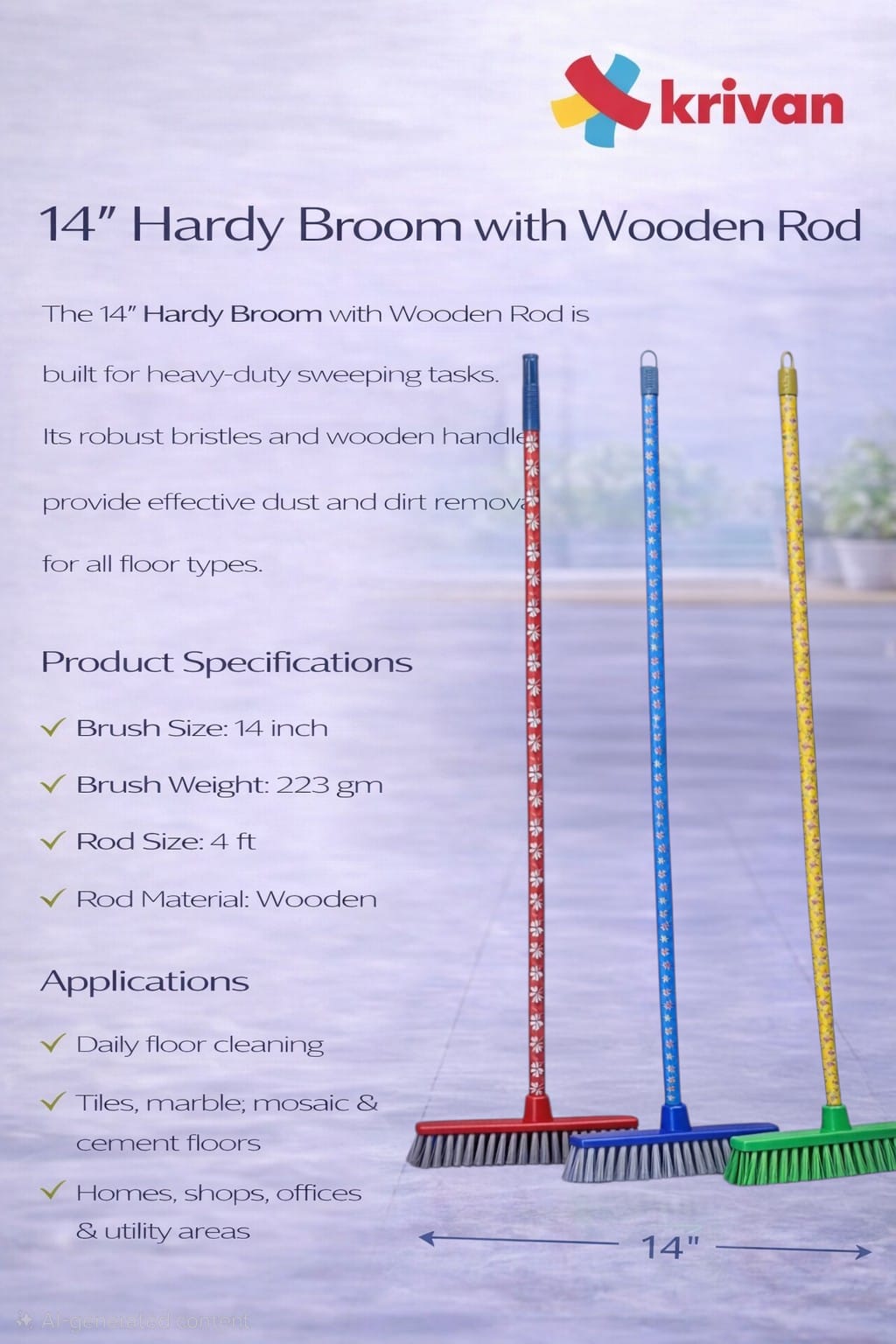 14"Hardy Broom with Wooden Rod