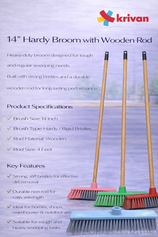 14" softy Tall Broom Flagged Bristles with Wooden Rod