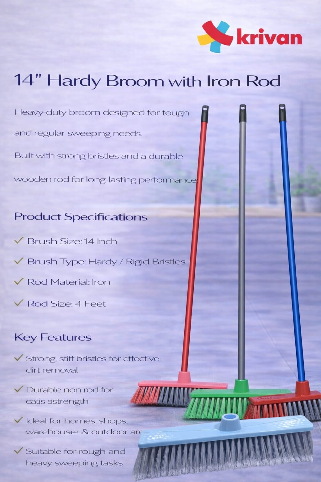 14" softy Tall Broom Flagged Bristles with Iron Rod